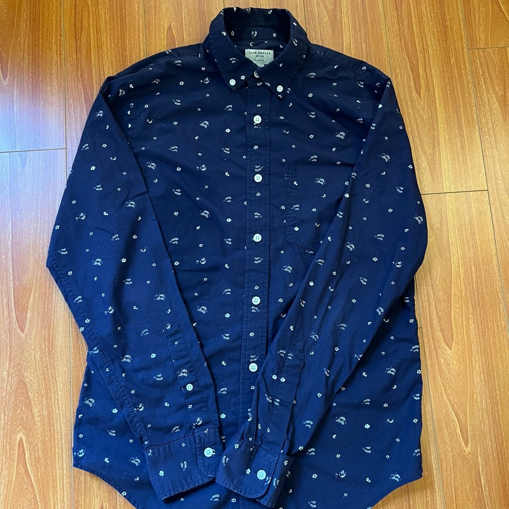 Club Monaco slim fit navy blue simple minimal patterned casual button up